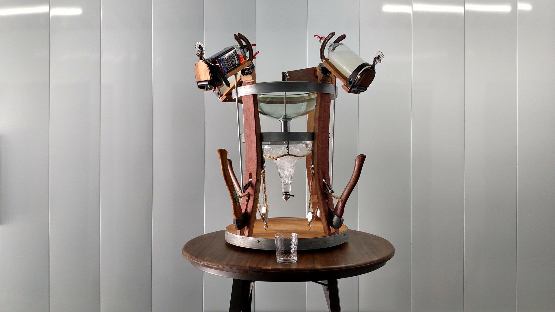 The complete Westworld cocktail machine with wine barrel stave frame